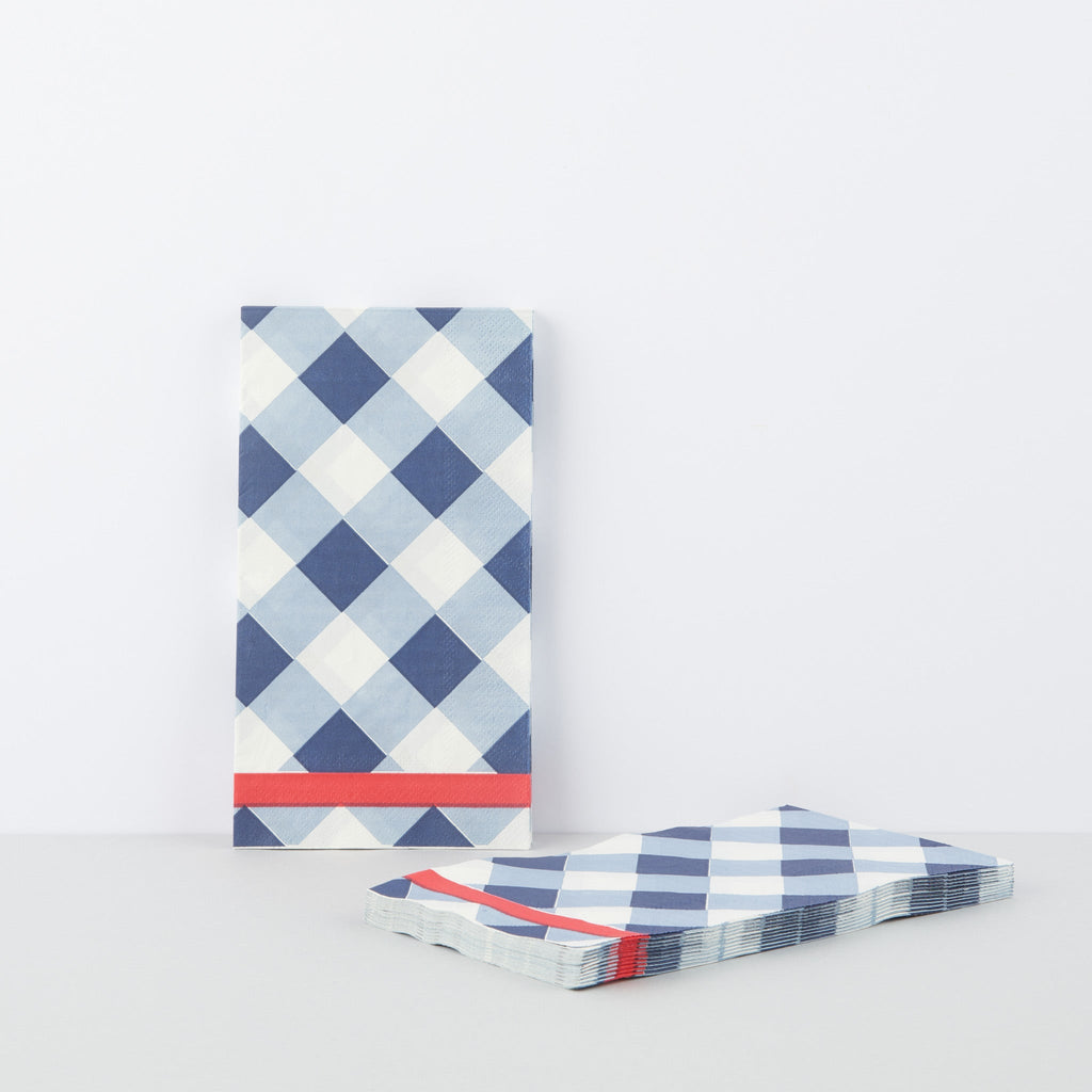 Blue Gingham Guest Towels with Red Stripe