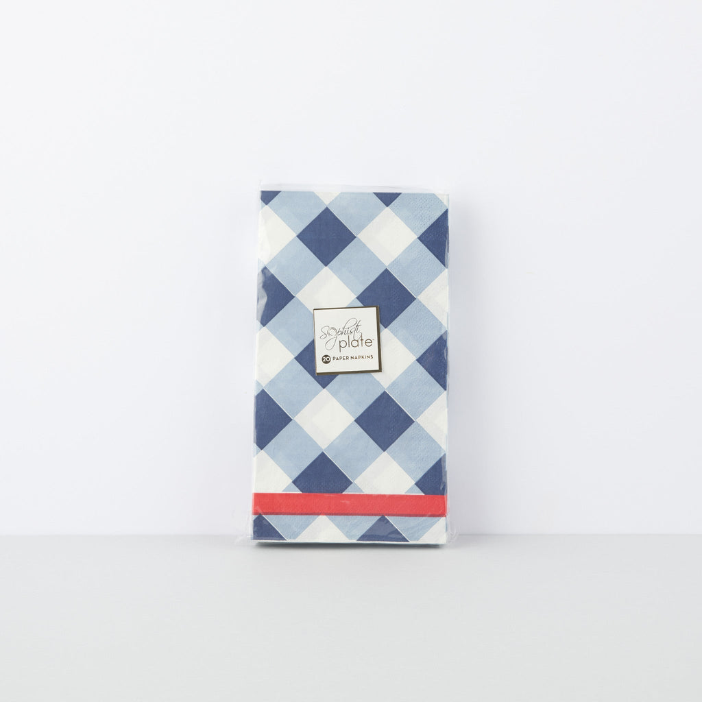 Blue Gingham Guest Towel with Red Stripe