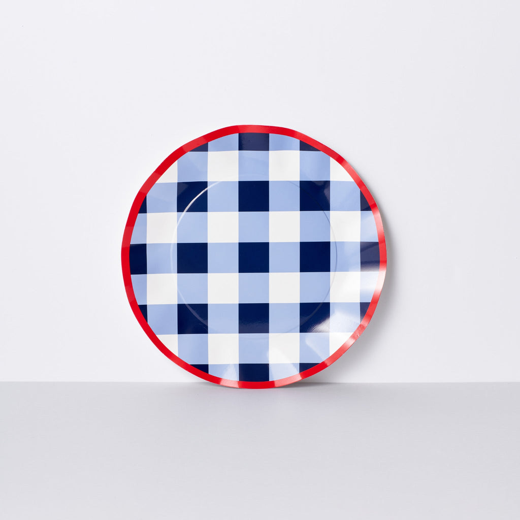 Blue Gingham Dinner Plate with Red Trim